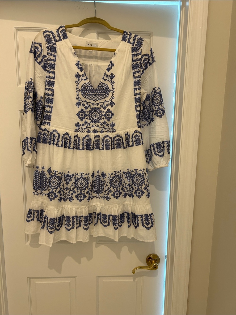 Milly White Tunic with Navy Geometric Embroidery